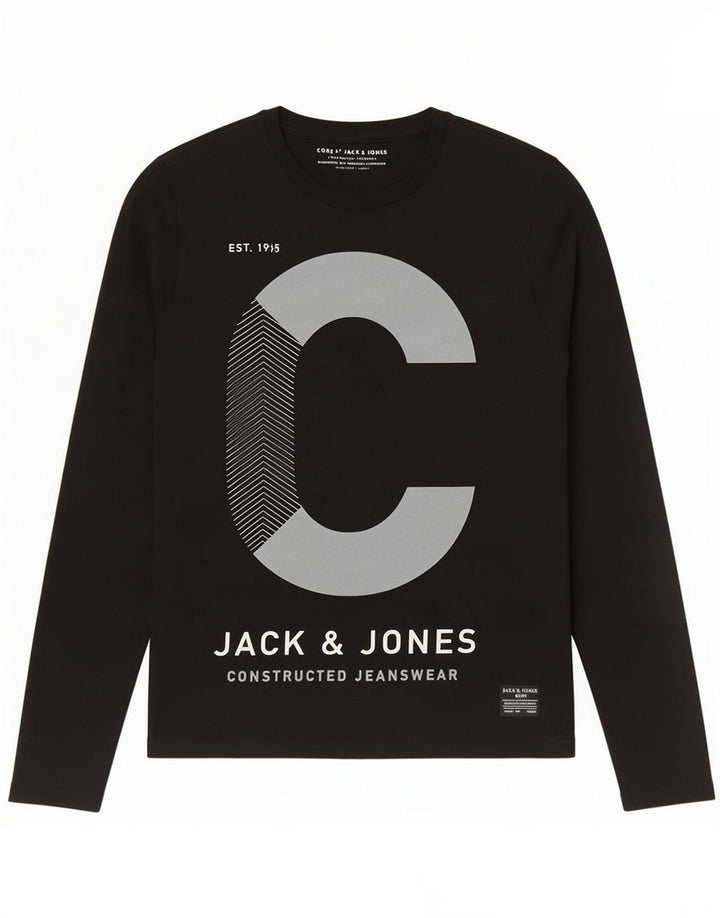Jack & Jones Mens Graphic Top Long Sleeve Medium Black Cotton