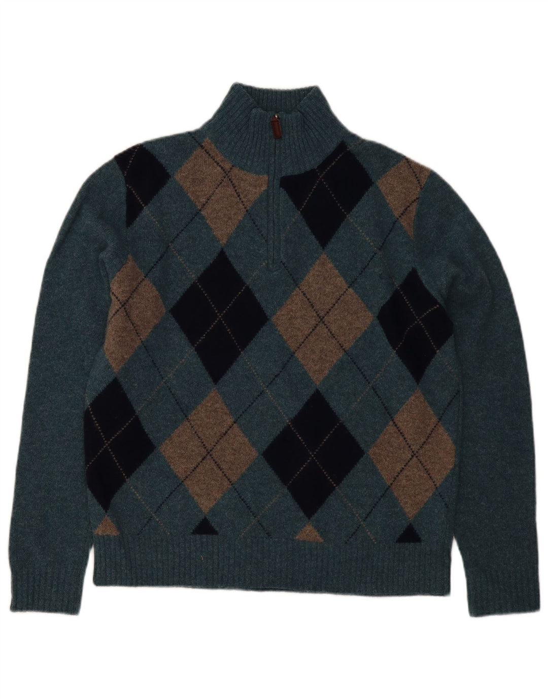 J. Crew Mens Zip Neck Jumper Sweater Medium Blue Argyle/Diamond Lambswool