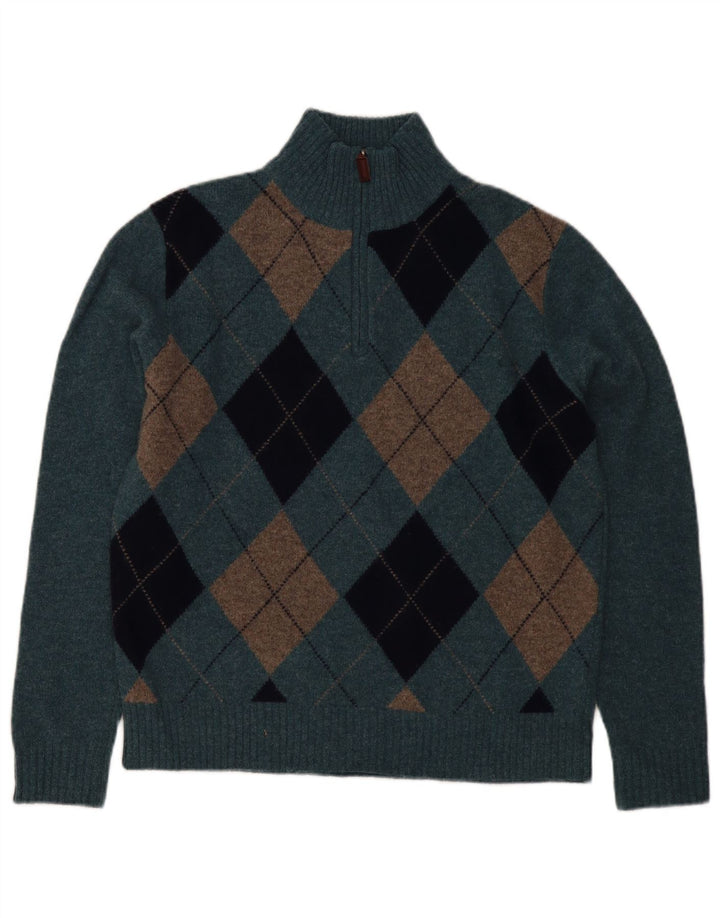 J. Crew Mens Zip Neck Jumper Sweater Medium Blue Argyle/Diamond Lambswool
