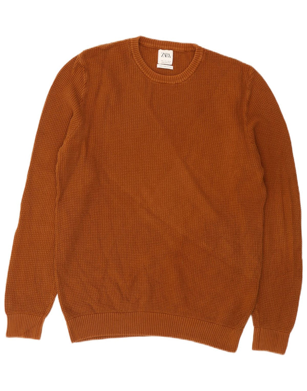Zara Mens Crew Neck Jumper Sweater Large Brown Cotton