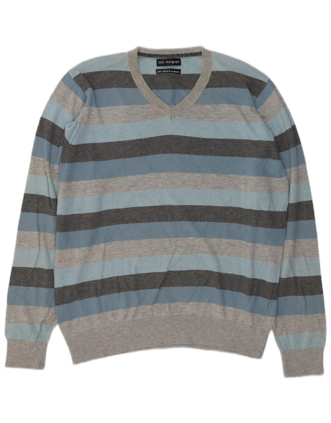 Marks & Spencer Mens Autograph V-Neck Jumper Sweater Large Grey Striped