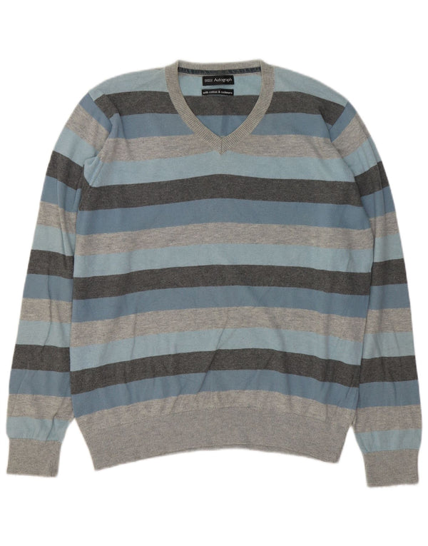 Marks & Spencer Mens Autograph V-Neck Jumper Sweater Large Grey Striped