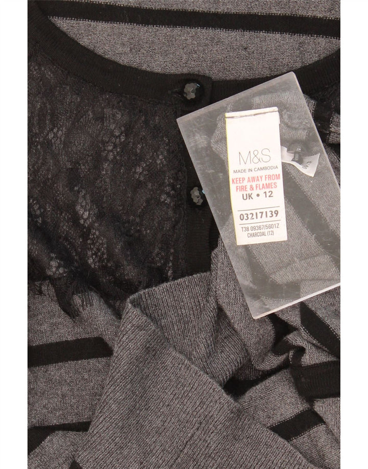 MARKS & SPENCER Womens Cardigan Sweater UK 12 Medium Grey Striped Viscose Vintage Marks & Spencer and Second-Hand Marks & Spencer from Messina Hembry 