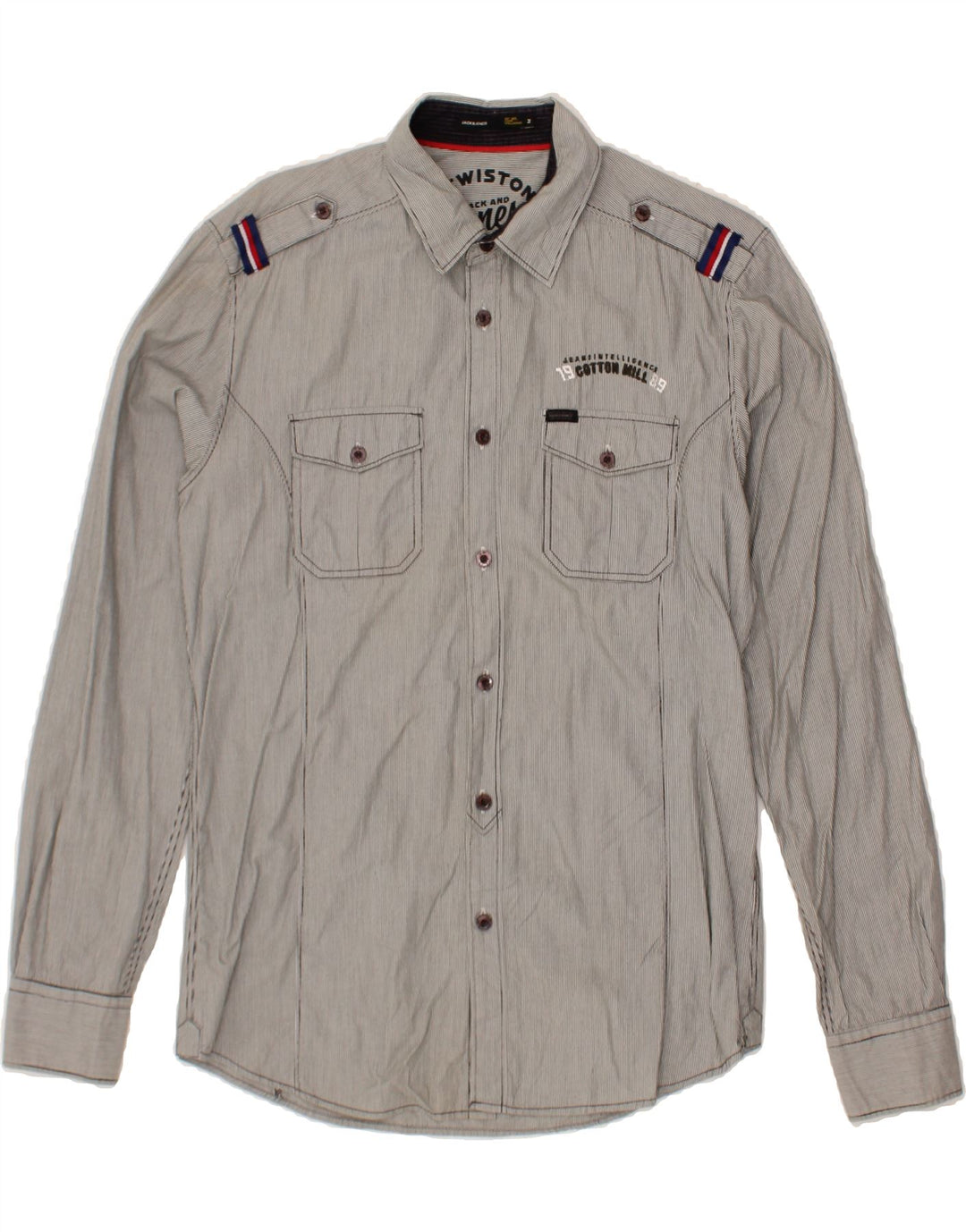 JACK & JONES Mens Graphic Military Shirt Medium Grey Pinstripe Vintage Jack & Jones and Second-Hand Jack & Jones from Messina Hembry 