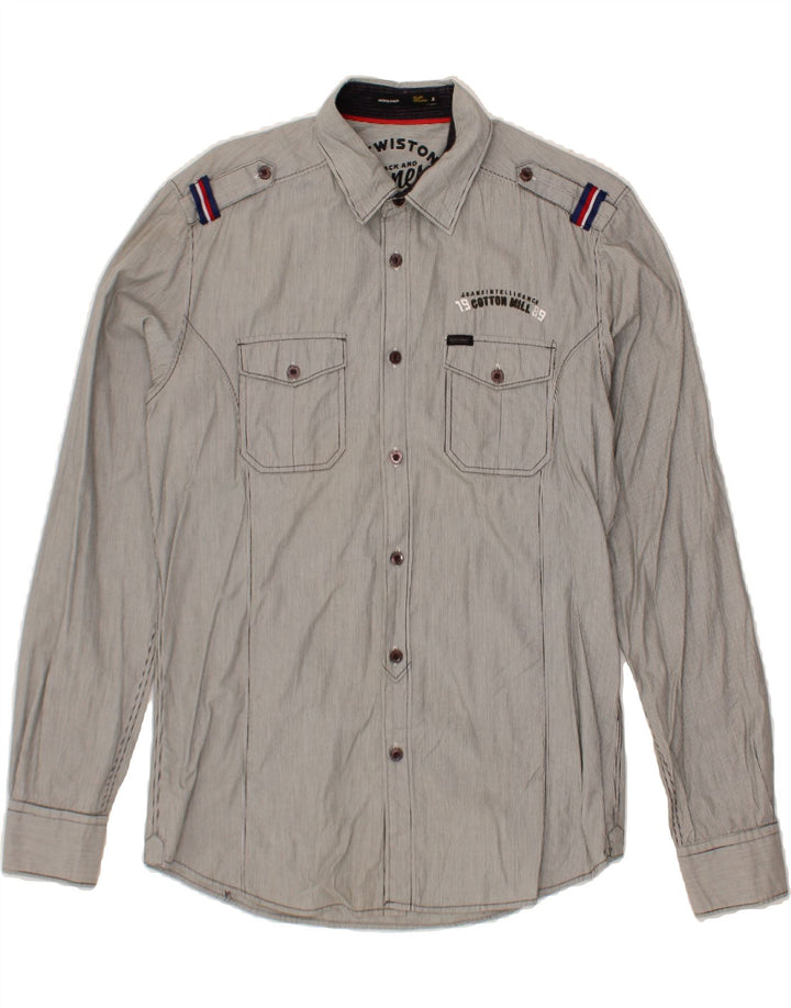JACK & JONES Mens Graphic Military Shirt Medium Grey Pinstripe Vintage Jack & Jones and Second-Hand Jack & Jones from Messina Hembry 