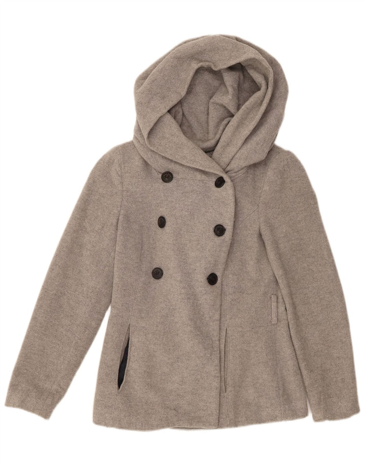 Zara Womens Hooded Pea Coat UK 10 Small Grey Wool
