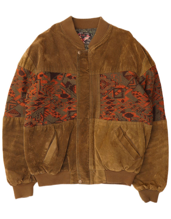 Vintage Mens Suede Bomber Jacket UK 44 2XL Khaki Geometric