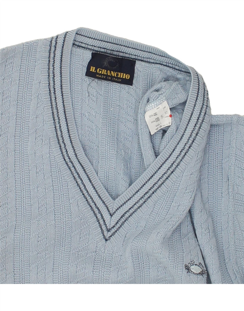 IL GRANCHIO Mens V-Neck Jumper Sweater Large Blue Wool | Vintage Il Granchio | Thrift | Second-Hand Il Granchio | Used Clothing | Messina Hembry 