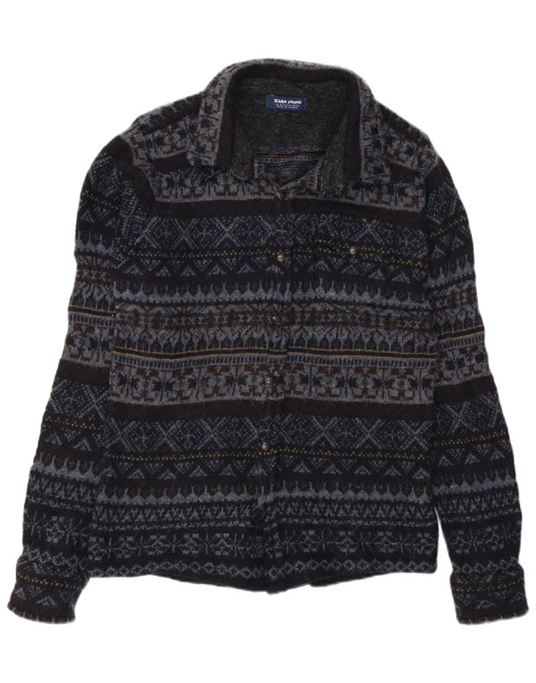 Zara Boys Overshirt Shirt 15-16 Years Medium Navy Blue Fair Isle Acrylic