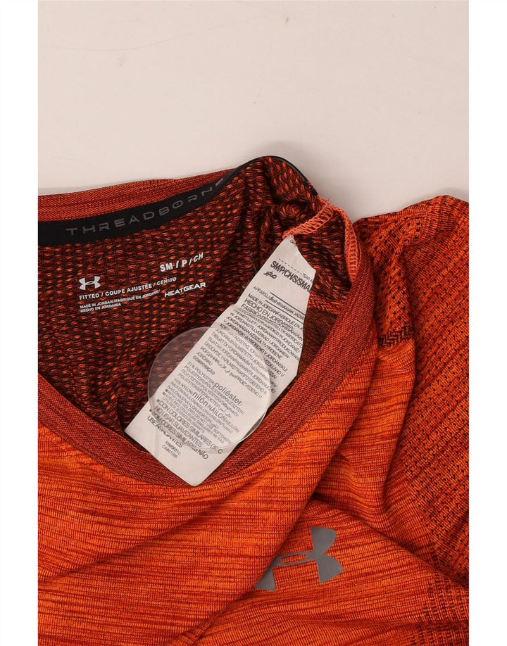 Under Armour Mens Heat Gear T-Shirt Top Small Orange Striped Polyester