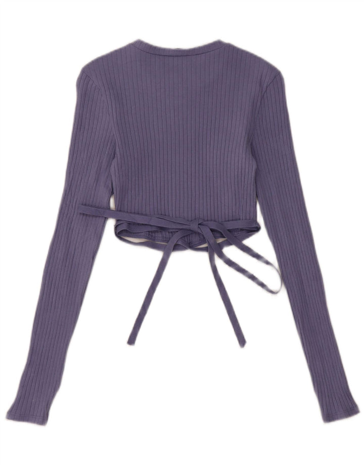 Zara Womens Crop Top Long Sleeve UK 10 Small Blue Cotton