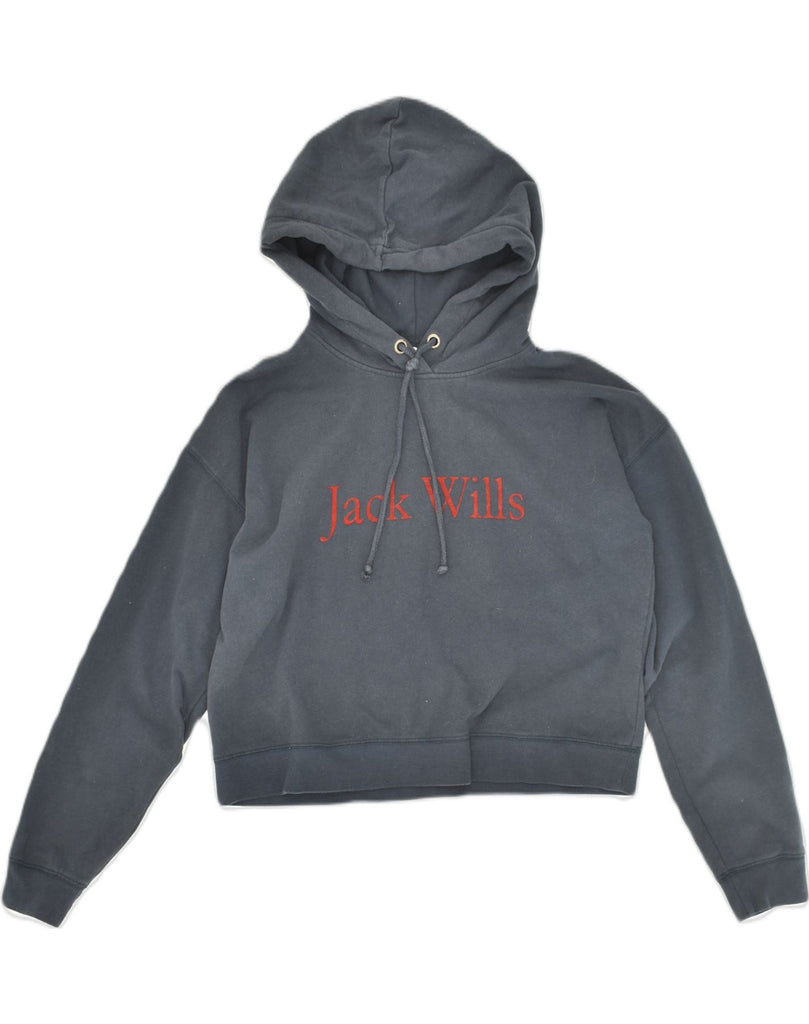 JACK WILLS Womens Graphic Crop Hoodie Jumper UK 10 Small  Navy Blue Cotton | Vintage Jack Wills | Thrift | Second-Hand Jack Wills | Used Clothing | Messina Hembry 