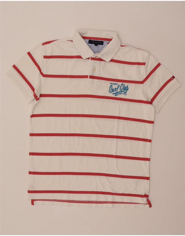 Tommy Hilfiger Mens Polo Shirt Medium White Striped Cotton