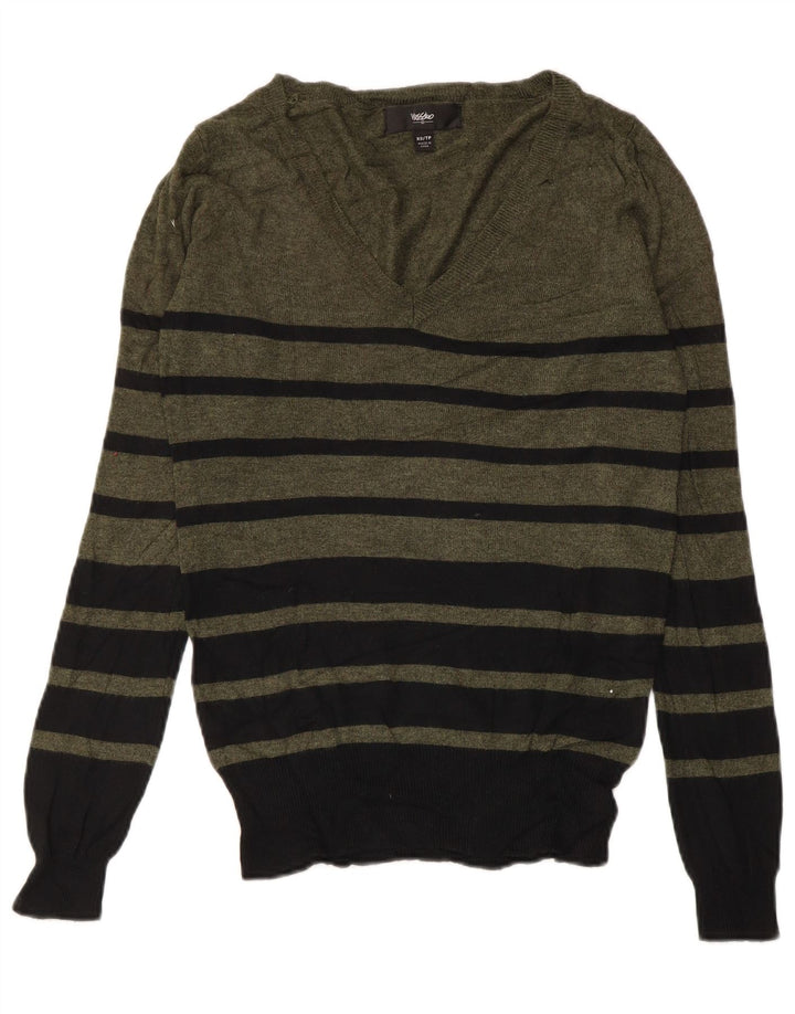 MOSSIMO Womens V-Neck Jumper Sweater UK 6 XS Khaki Striped Nylon
