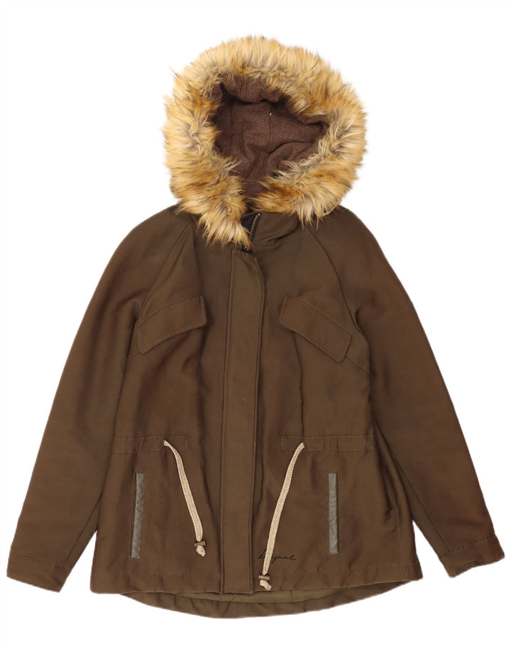 Desigual Womens Graphic Hooded Parka Jacket EU 38 Medium Khaki Cotton