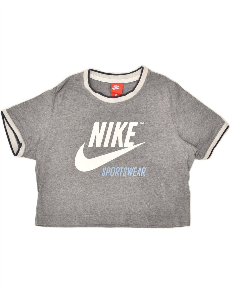 NIKE Womens Oversized Crop Graphic T-Shirt Top UK 14 Medium Grey Cotton | Vintage Nike | Thrift | Second-Hand Nike | Used Clothing | Messina Hembry 