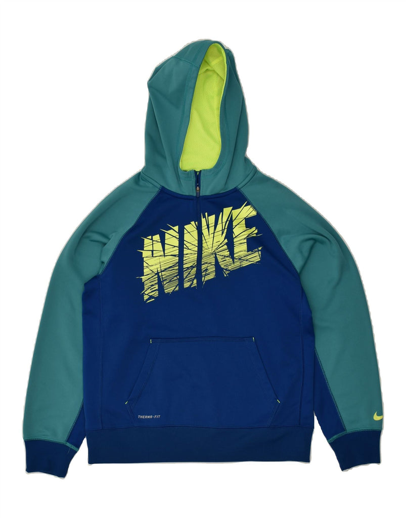 NIKE Womens Therma-Fit Graphic Hoodie Jumper UK 18 XL Blue Colourblock | Vintage Nike | Thrift | Second-Hand Nike | Used Clothing | Messina Hembry 