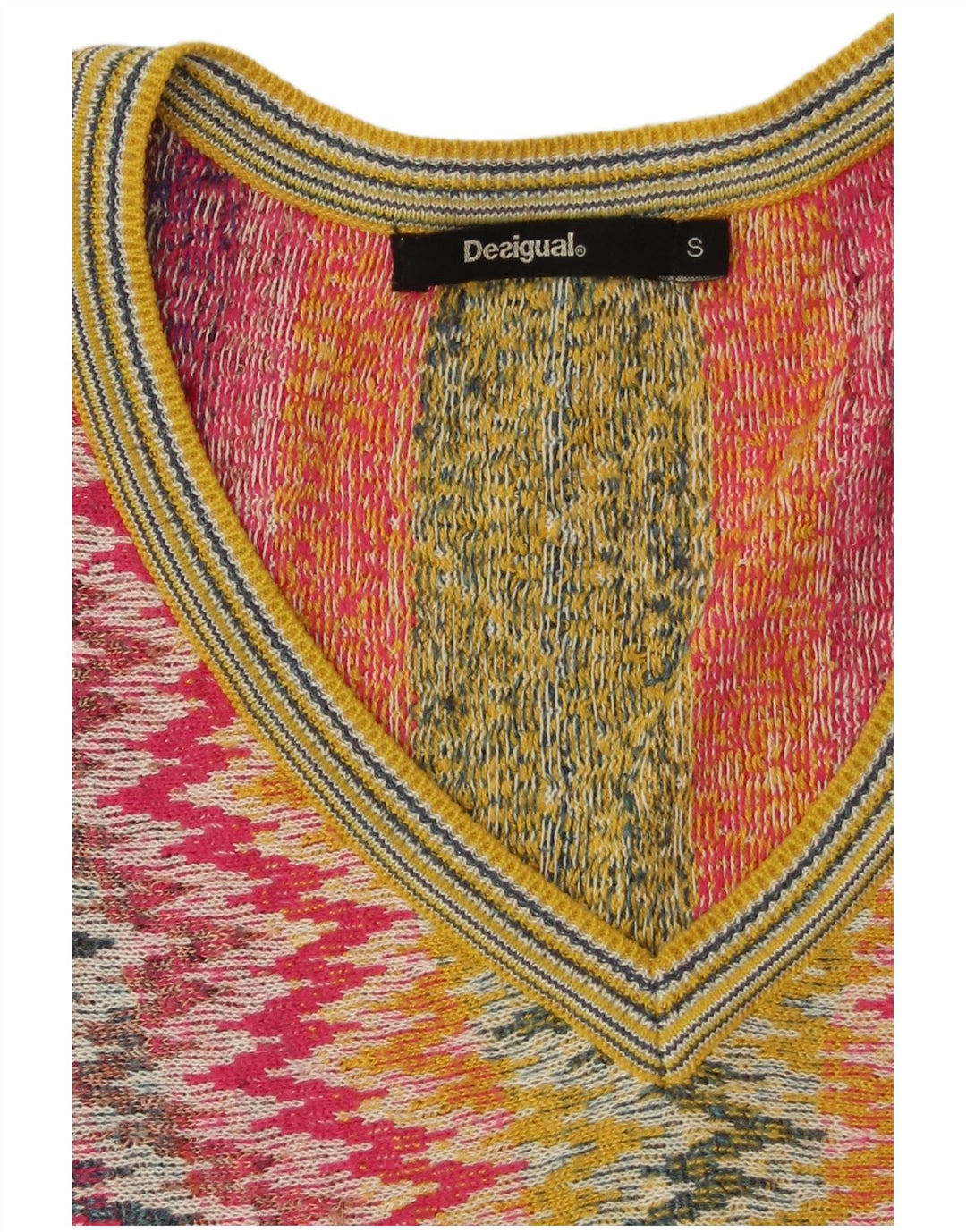 DESIGUAL Womens V-Neck Jumper Sweater UK 10 Small Multicoloured Chevron