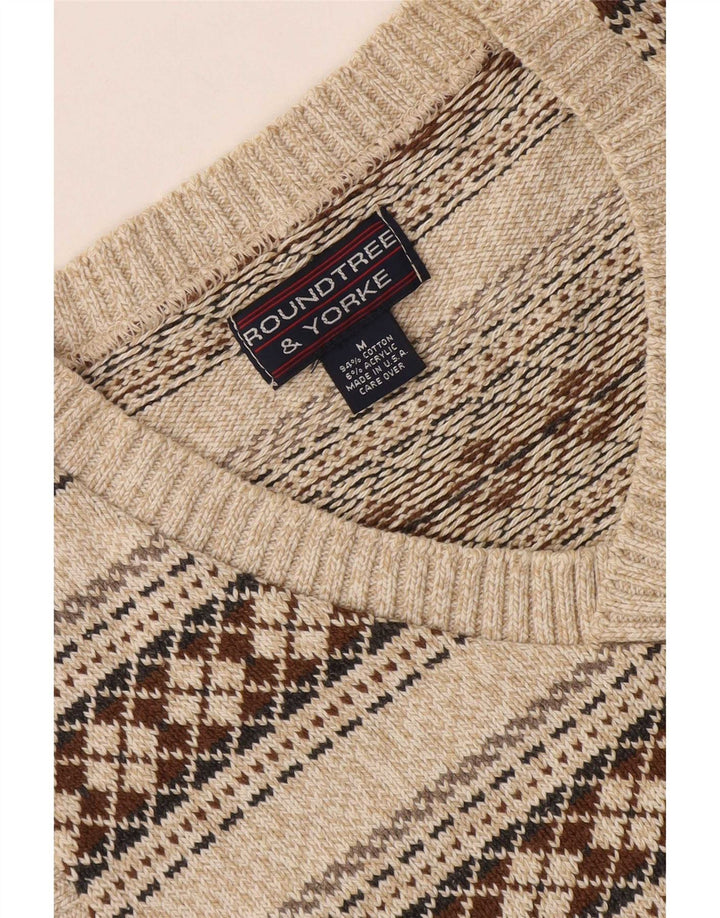Roundtree & Yorke Mens V-Neck Jumper Sweater Medium Beige Geometric Cotton