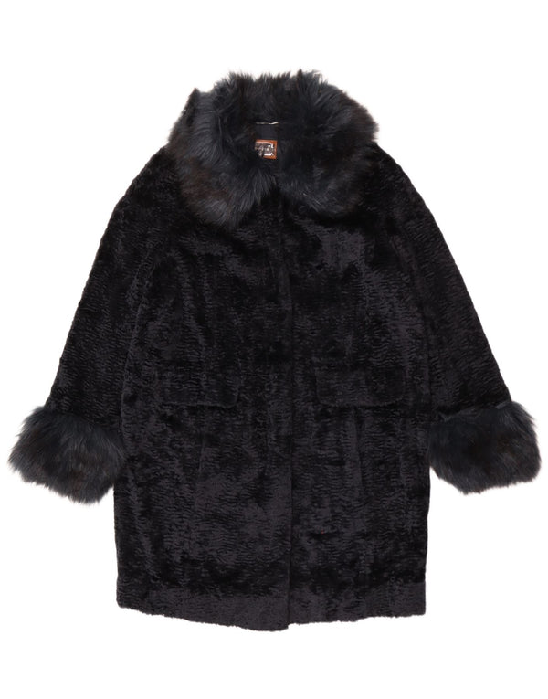 Marks & Spencer Womens Oversized Faux Fur Overcoat UK 14 Large Navy Blue