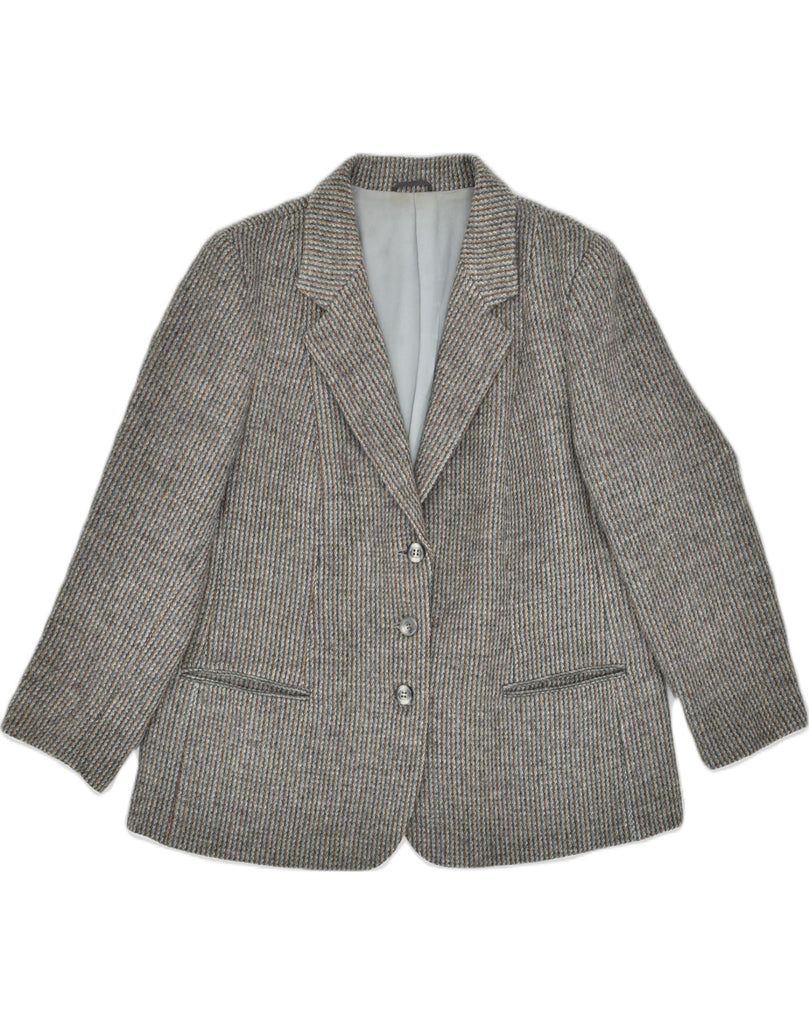 VINTAGE Womens 3 Button Blazer Jacket UK 14 Medium Grey Striped Wool | Vintage | Thrift | Second-Hand | Used Clothing | Messina Hembry 