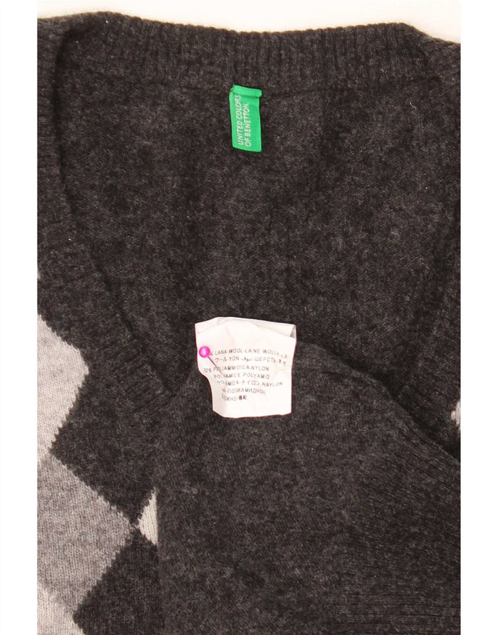 Benetton Mens V-Neck Jumper Sweater XL Grey Argyle/Diamond Wool