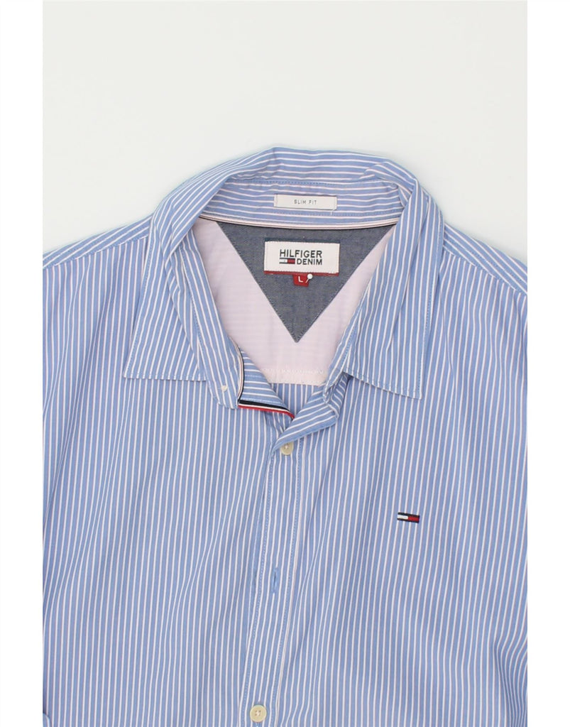 TOMMY HILFIGER Mens Slim Fit Shirt Large Blue Striped Cotton | Vintage Tommy Hilfiger | Thrift | Second-Hand Tommy Hilfiger | Used Clothing | Messina Hembry 