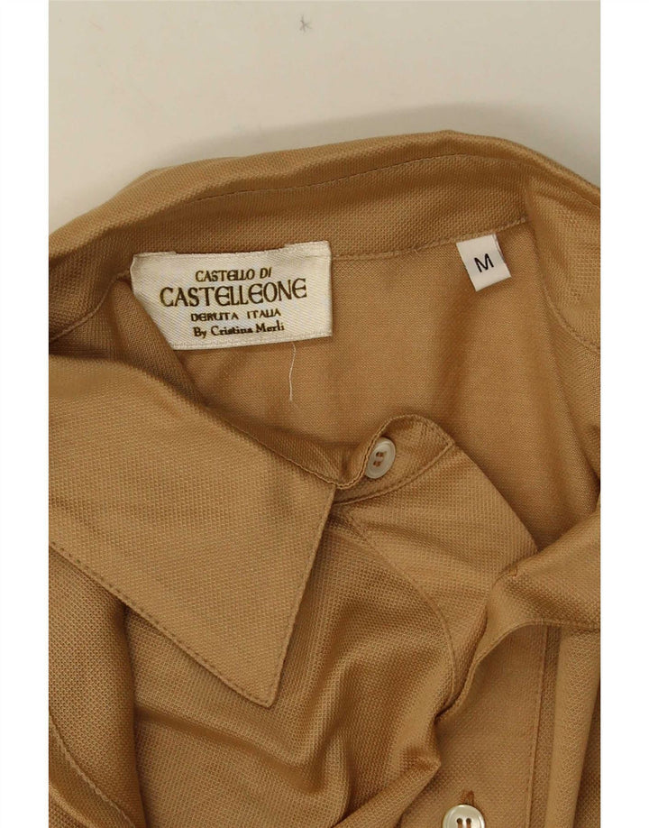 Vintage Mens Long Sleeve Polo Shirt Medium Beige