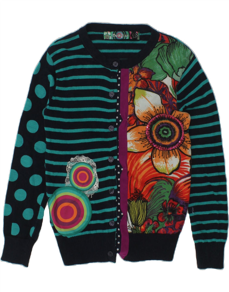 DESIGUAL Girls Cardigan Sweater 7-8 Years Green Striped Cotton | Vintage Desigual | Thrift | Second-Hand Desigual | Used Clothing | Messina Hembry 