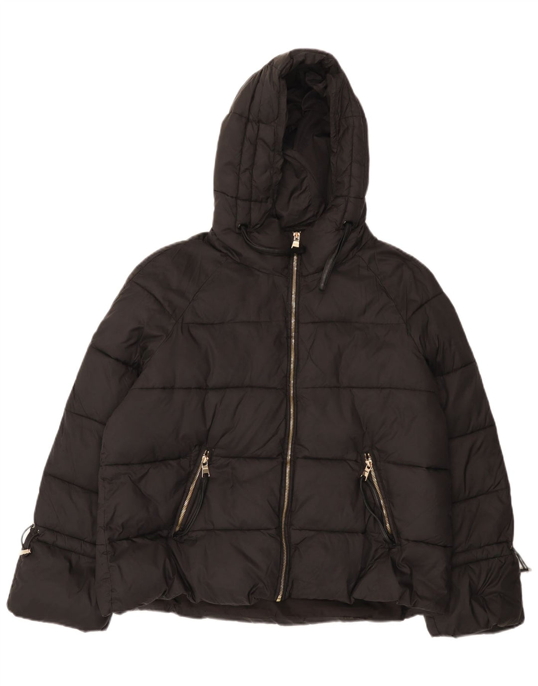 Zara Womens Hooded Padded Jacket UK 16 Large Black Nylon