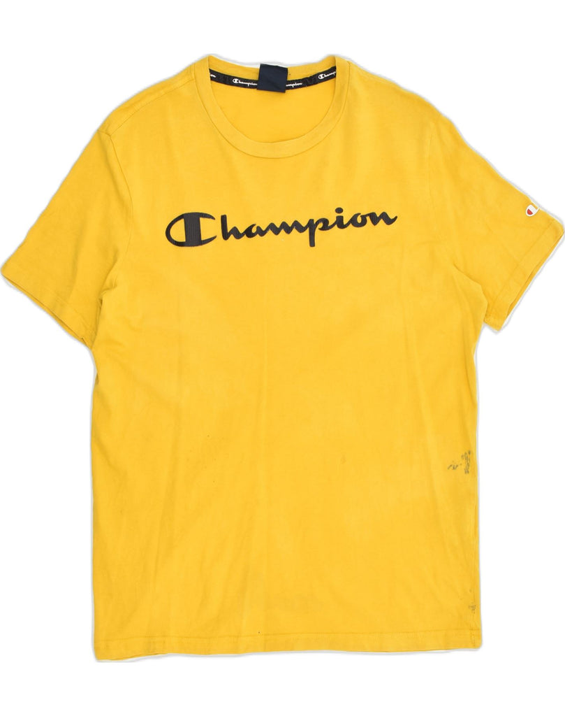 CHAMPION Womens Graphic T-Shirt Top UK 14 Medium Yellow Cotton | Vintage Champion | Thrift | Second-Hand Champion | Used Clothing | Messina Hembry 