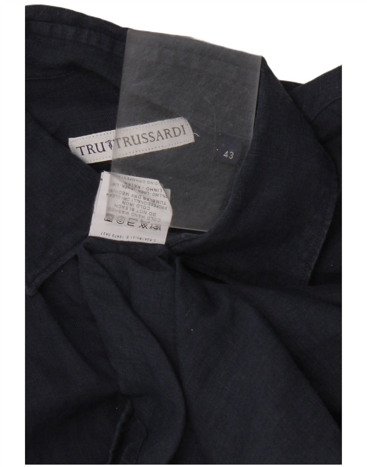 TRUSSARDI Mens Shirt Size 43 Large Navy Blue Linen