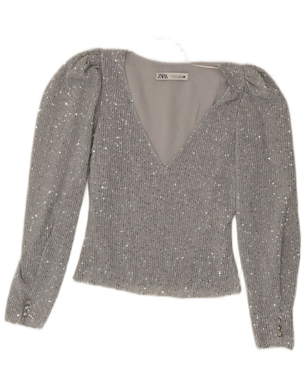 Zara Womens Crop Top Long Sleeve UK 10 Small Silver