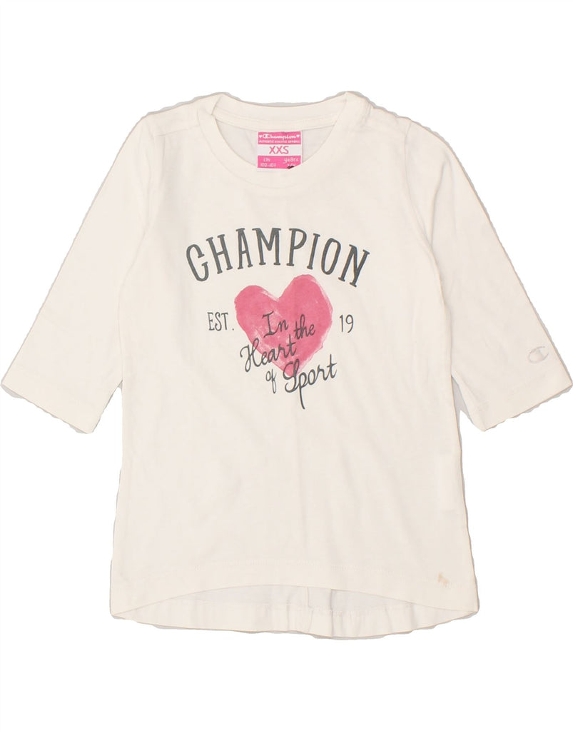 CHAMPION Girls Graphic Top 3/4 Sleeve 3-4 Years 2XS Off White Cotton | Vintage Champion | Thrift | Second-Hand Champion | Used Clothing | Messina Hembry 