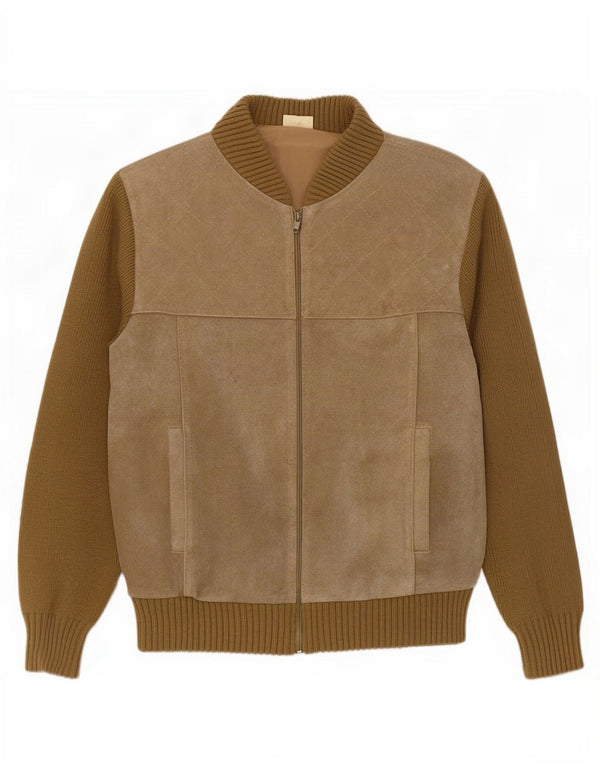 Vintage Womens Suede Bomber Jacket EU 50 XL Beige Colourblock Polyacrylic