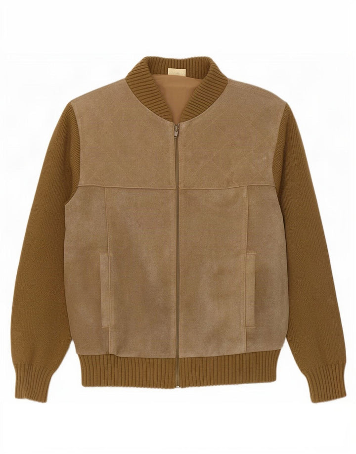 Vintage Womens Suede Bomber Jacket EU 50 XL Beige Colourblock Polyacrylic