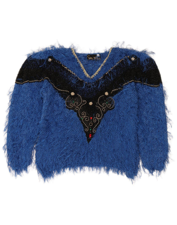 Vintage Womens V-Neck Jumper Sweater UK 16 Large Blue Colourblock Cotton