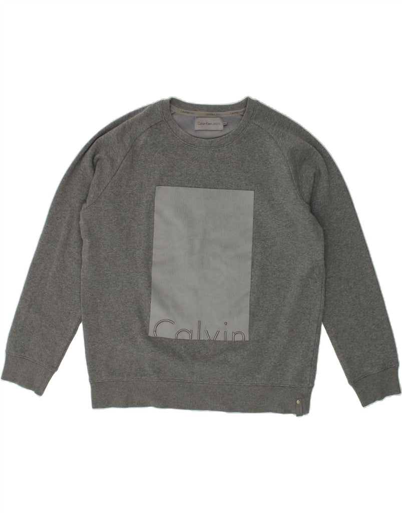 CALVIN KLEIN JEANS Mens Graphic Sweatshirt Jumper 2XL Grey Cotton | Vintage Calvin Klein Jeans | Thrift | Second-Hand Calvin Klein Jeans | Used Clothing | Messina Hembry 