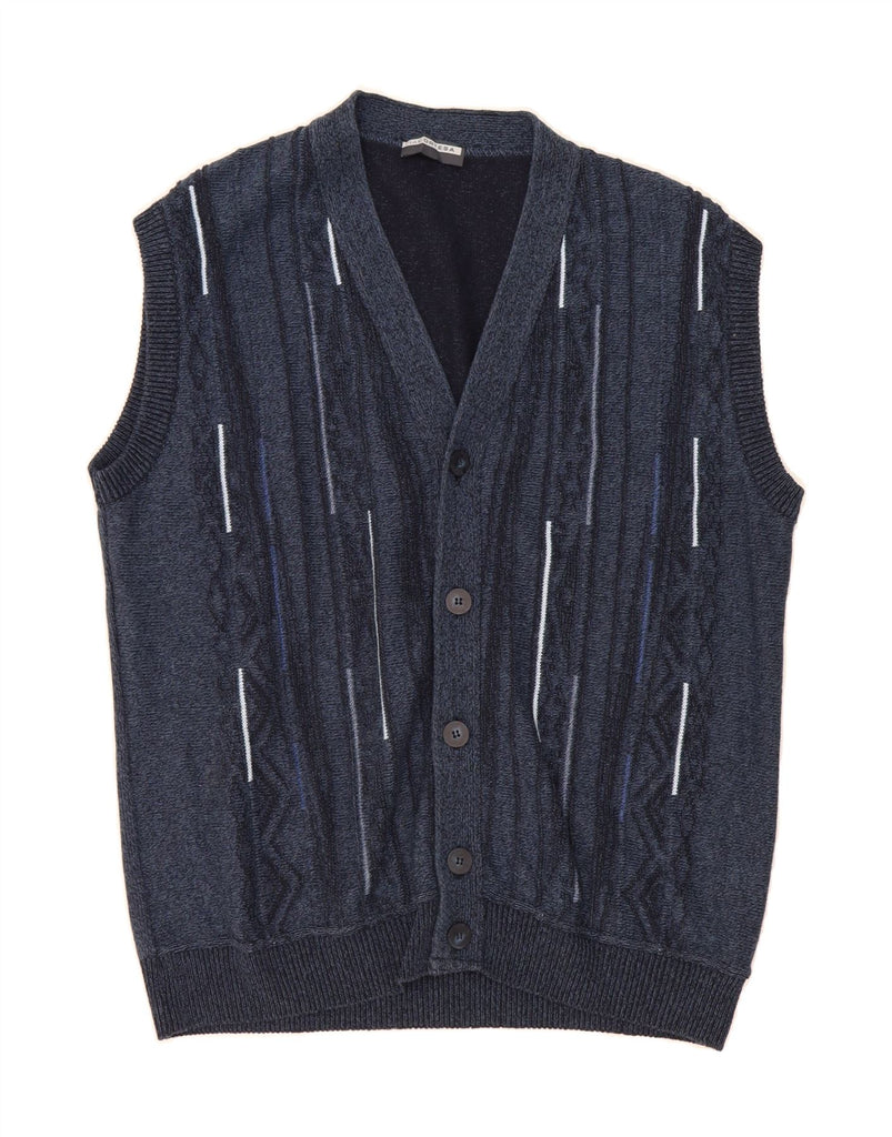 VINTAGE Mens Sleeveless Cardigan Sweater IT 46 Small Navy Blue Striped Vintage Vintage and Second-Hand Vintage from Messina Hembry 