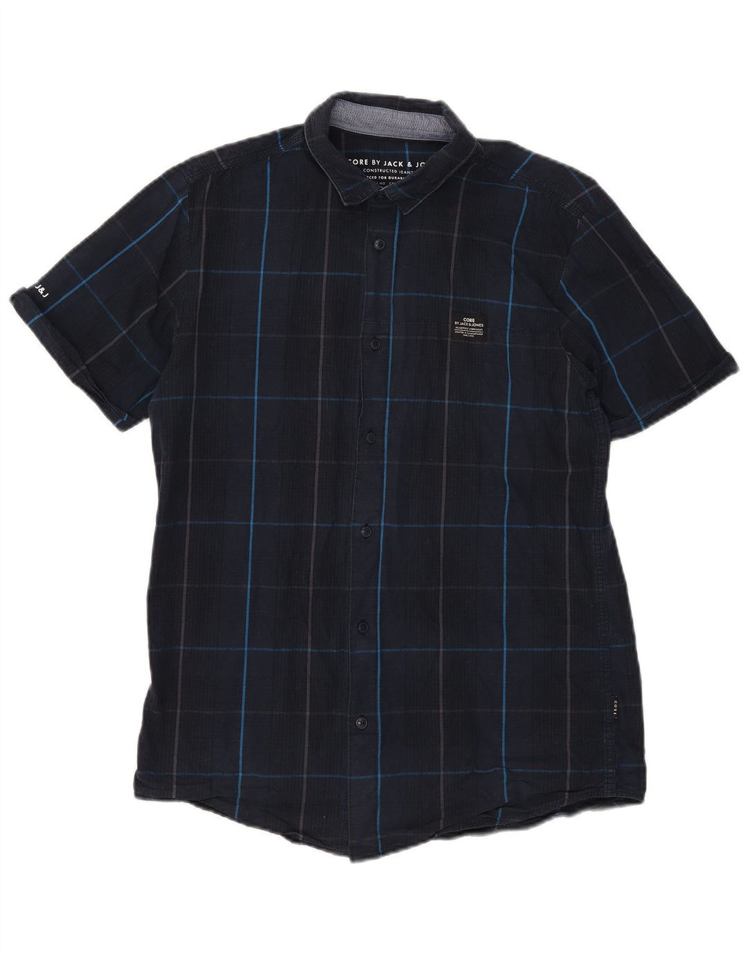 JACK & JONES Mens Graphic Short Sleeve Shirt Large Navy Blue Check Cotton