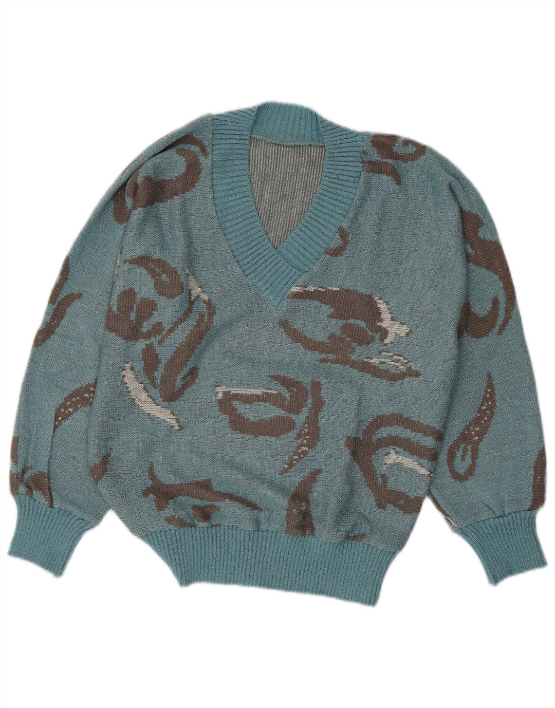 VINTAGE Womens Abstract Pattern V-Neck Jumper Sweater UK 16 Large Blue