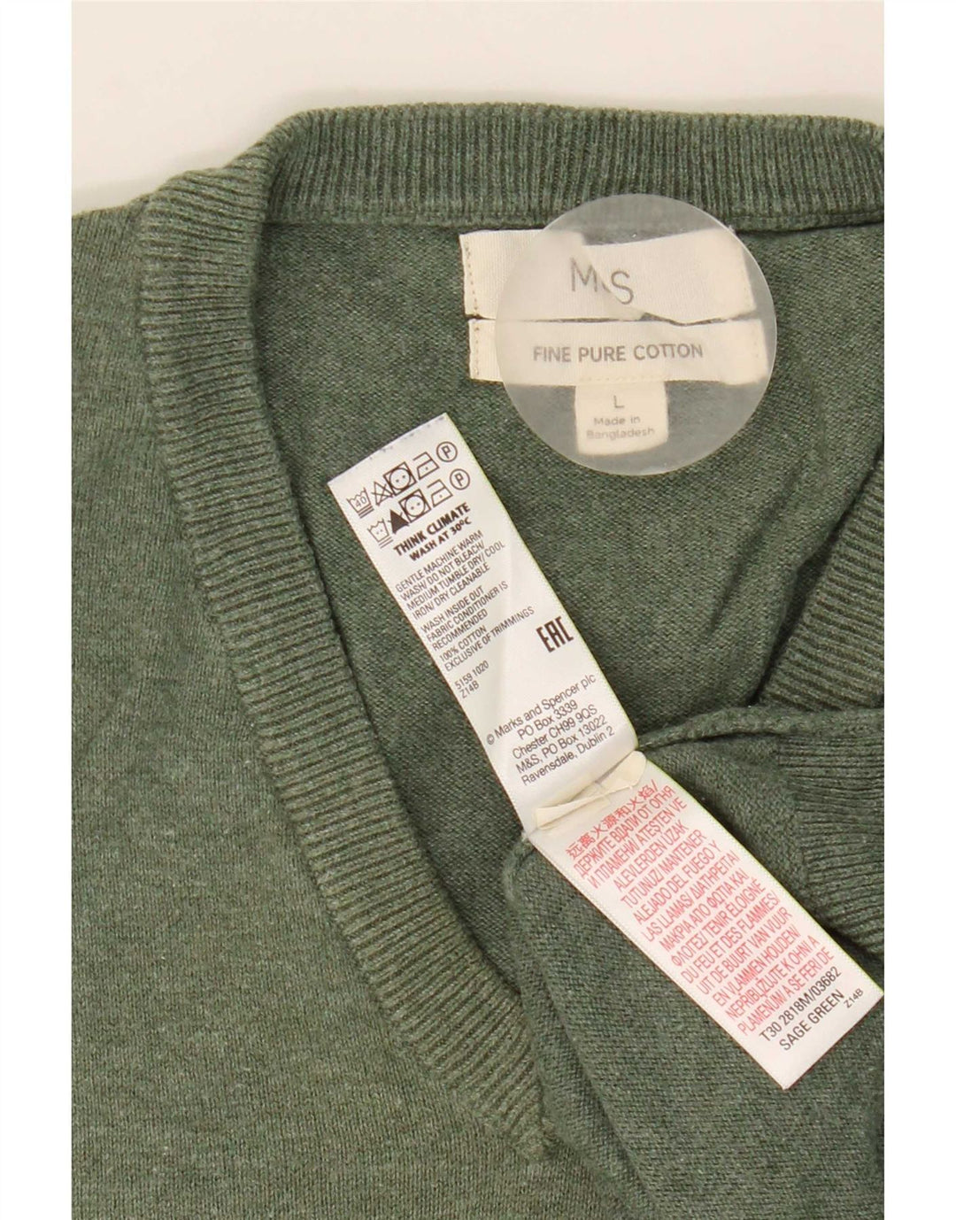 Marks & Spencer Mens V-Neck Jumper Sweater Large Green Cotton