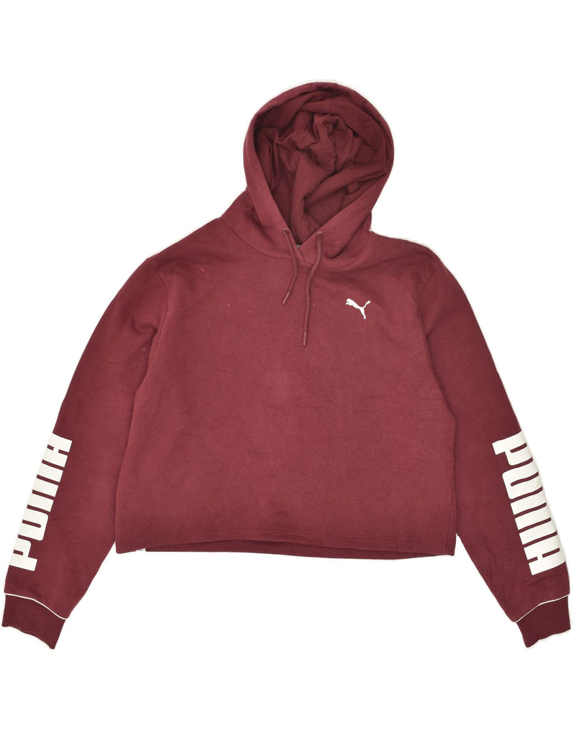 PUMA Womens Graphic Crop Hoodie Jumper UK 16 Large Burgundy Cotton | Vintage Puma | Thrift | Second-Hand Puma | Used Clothing | Messina Hembry 