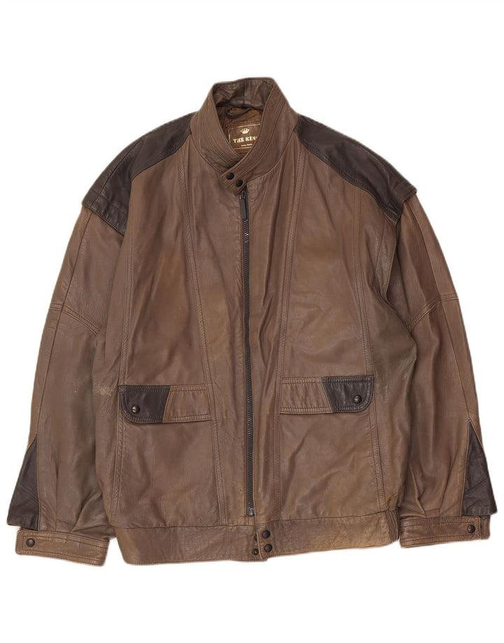 Vintage Mens Leather Jacket IT 48 Medium Brown Colourblock Leather