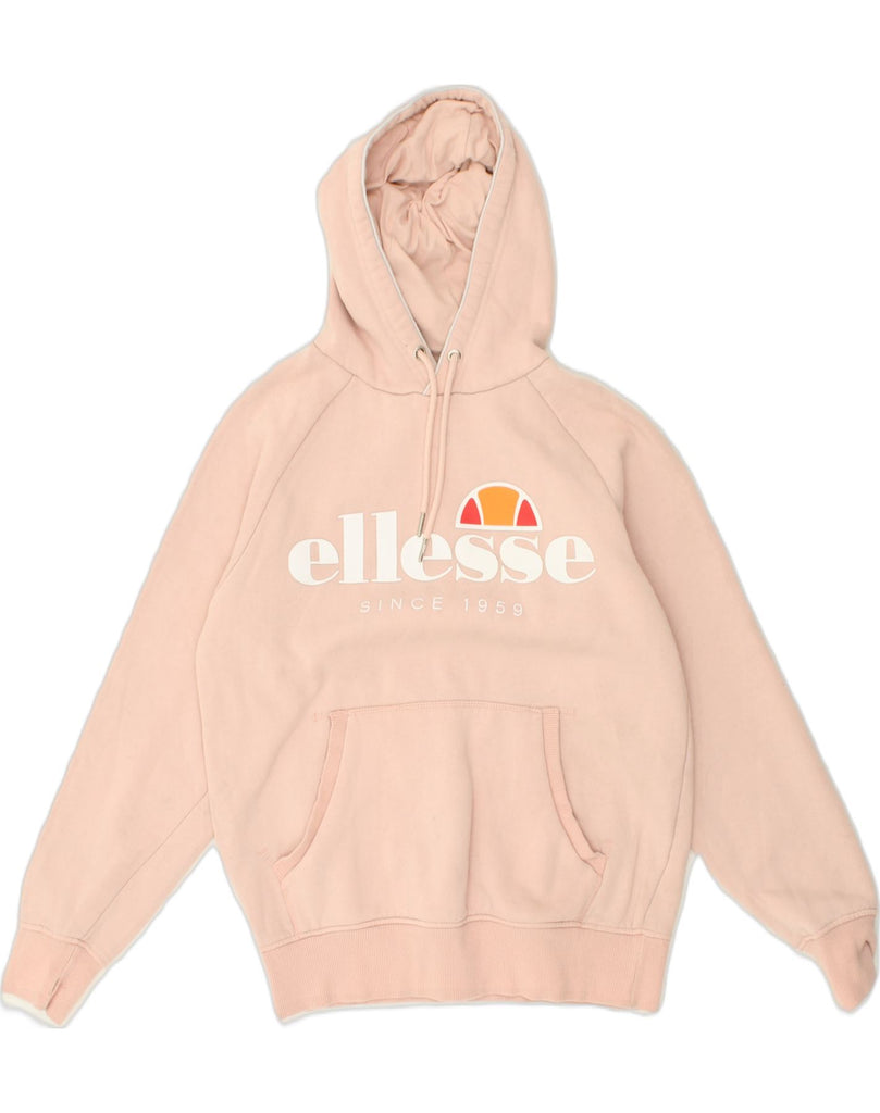 ELLESSE Womens Graphic Hoodie Jumper UK 14 Medium Beige Cotton | Vintage Ellesse | Thrift | Second-Hand Ellesse | Used Clothing | Messina Hembry 