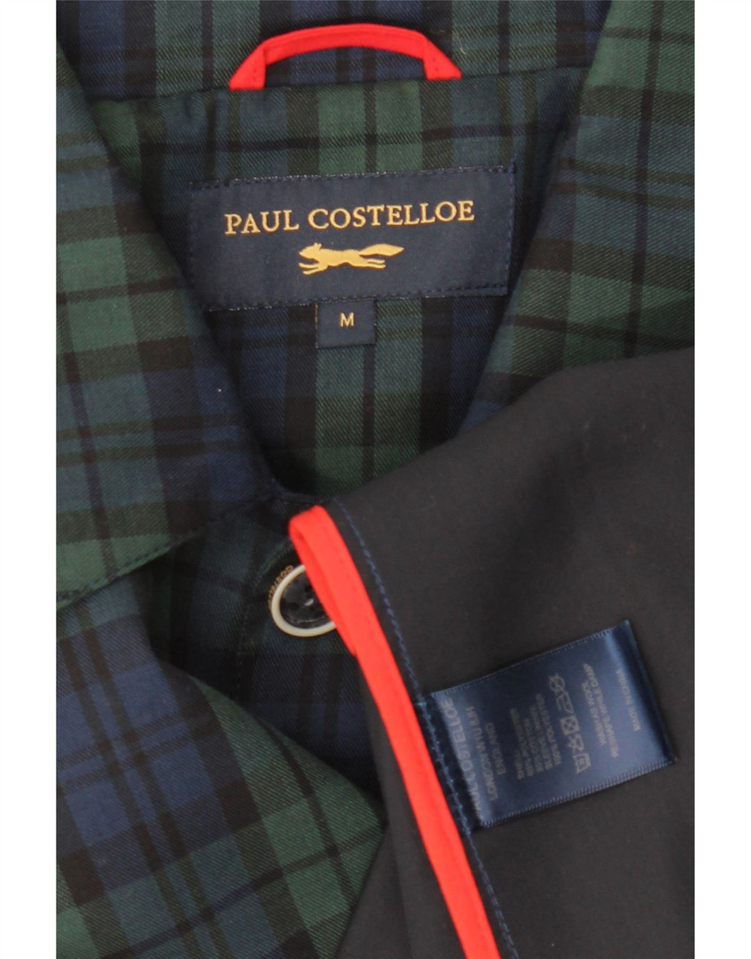 PAUL COSTELLOE Mens Overcoat UK 38 Medium Navy Blue Check Polyester
