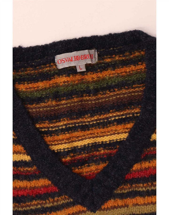 Osvaldo Bruni Mens V-Neck Jumper Sweater Large Multicoloured Striped Wool