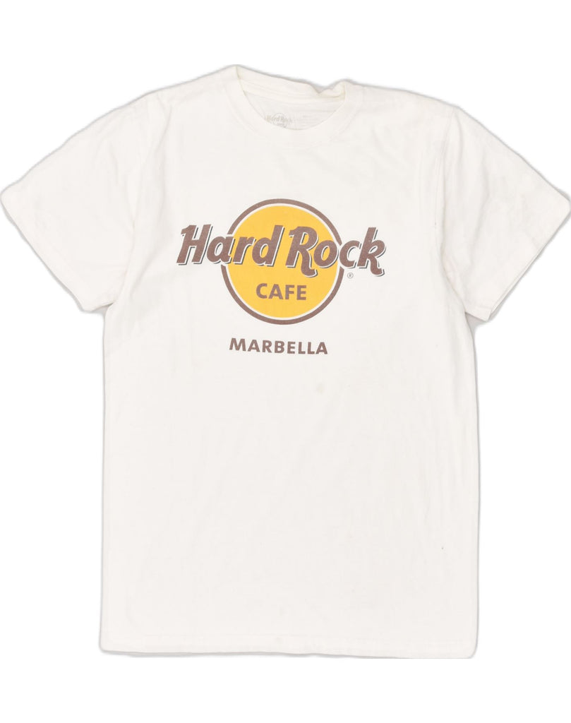 HARD ROCK Mens Marbella Graphic T-Shirt Top Small White Cotton | Vintage Hard Rock | Thrift | Second-Hand Hard Rock | Used Clothing | Messina Hembry 