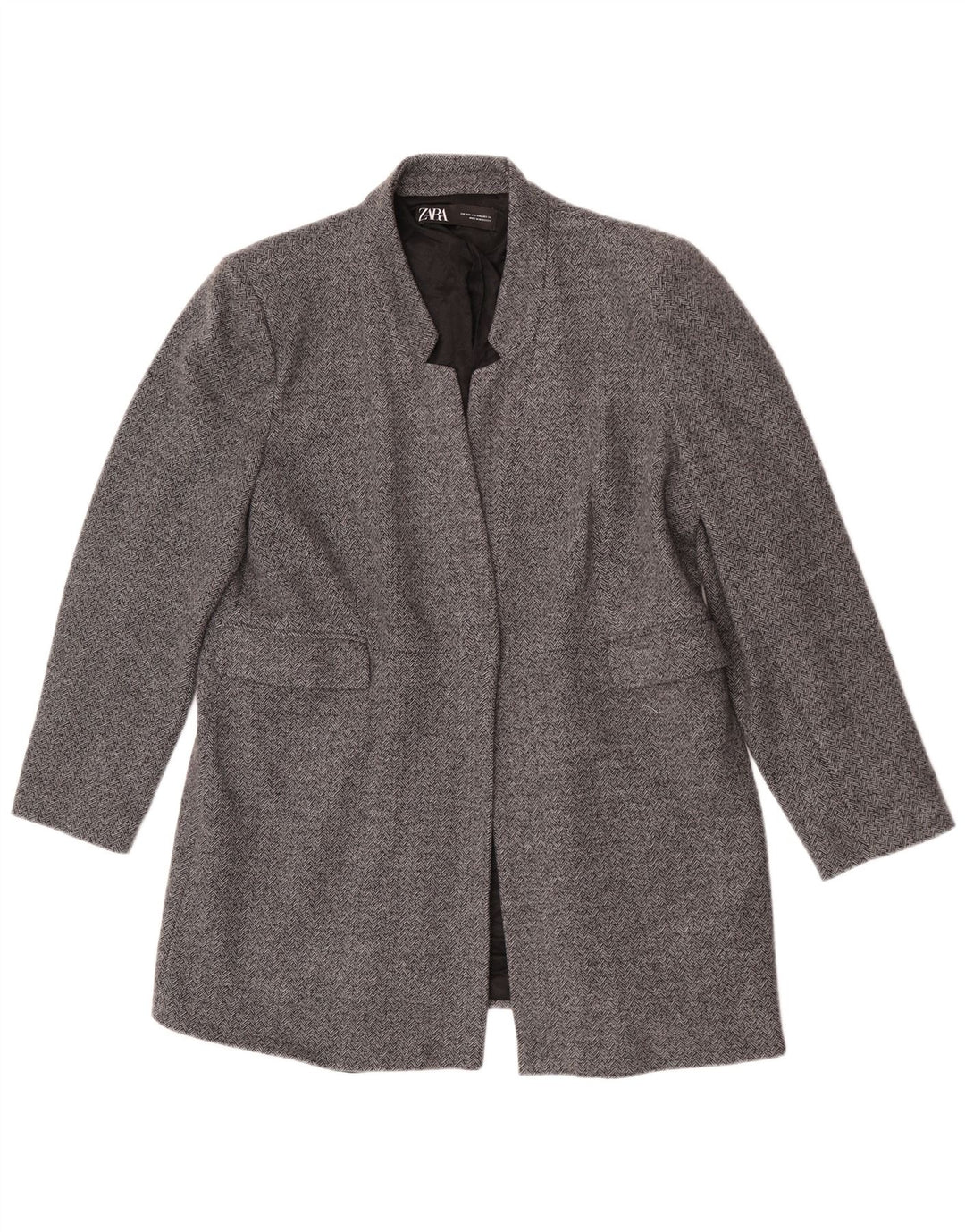 Zara Womens Open Blazer Jacket UK 20 2XL Grey Herringbone Cotton