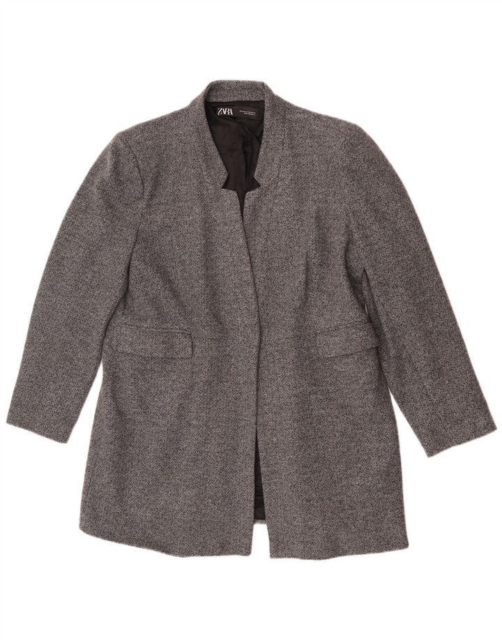 Zara Womens Open Blazer Jacket UK 20 2XL Grey Herringbone Cotton
